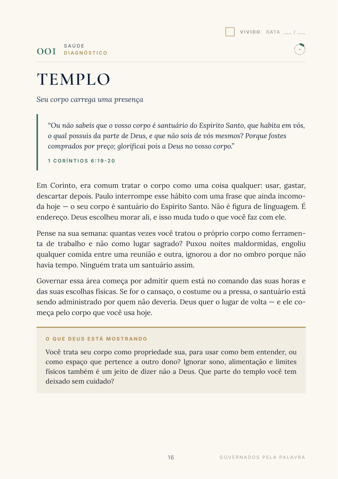 Página esquerda do Dia 001 do devocional, com o texto-base, a reflexão e o bloco de confronto